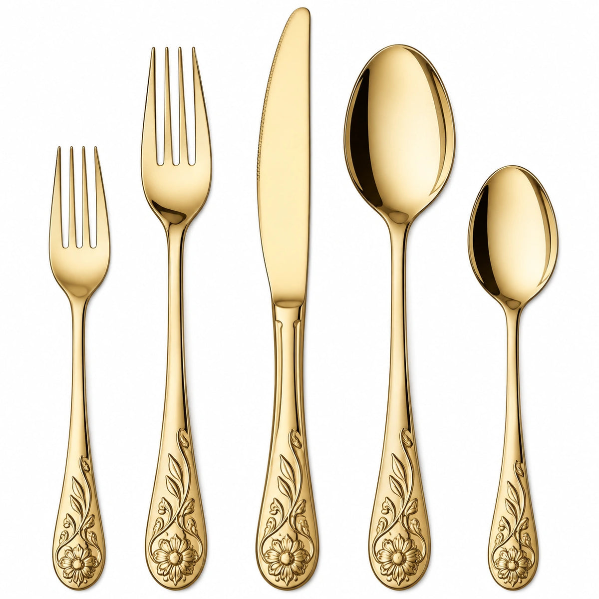 Besteckset 5-teilig aus Edelstahl goldfarben mit Blumenrelief für den Esstisch