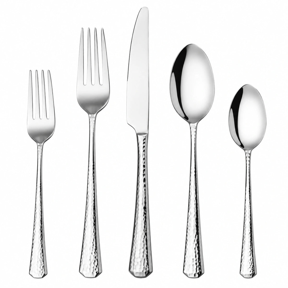 5-teiliges Besteckset Edelstahl Silber mit Hammerschlag-Griffen