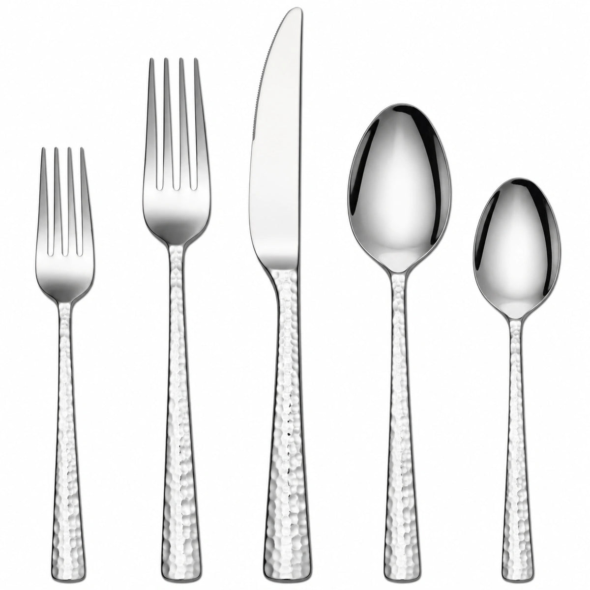Besteckset 5-teilig Edelstahl Silber mit gehämmerten Griffen für Tischgedeck