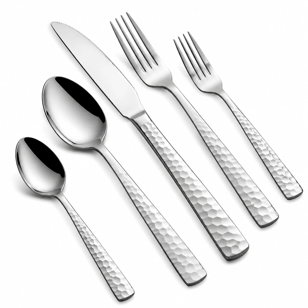 Besteckset 5-teilig Edelstahl Silber Hammerschlag-Griff für den Esstisch