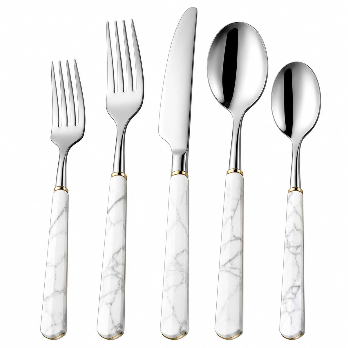 5-teiliges Besteckset bis 23 cm aus Edelstahl Weiß Silber Gold in Marmoroptik
