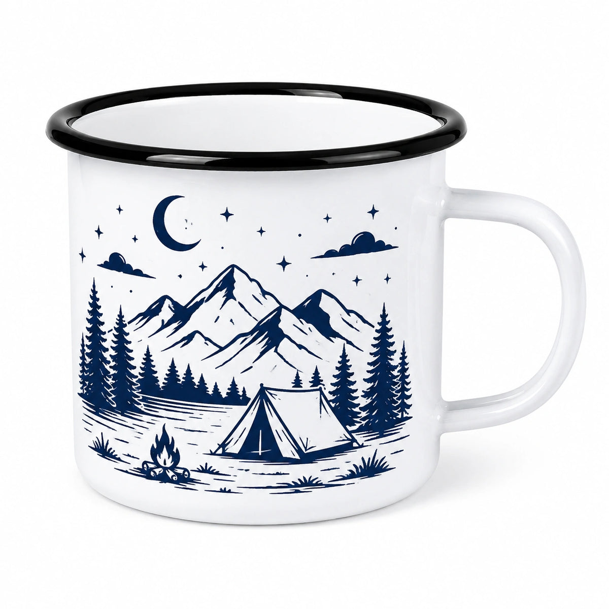 Emaillebecher 350 ml Weiß mit dunkelblauem Campingmotiv - robuster Trinkbecher für Outdoor