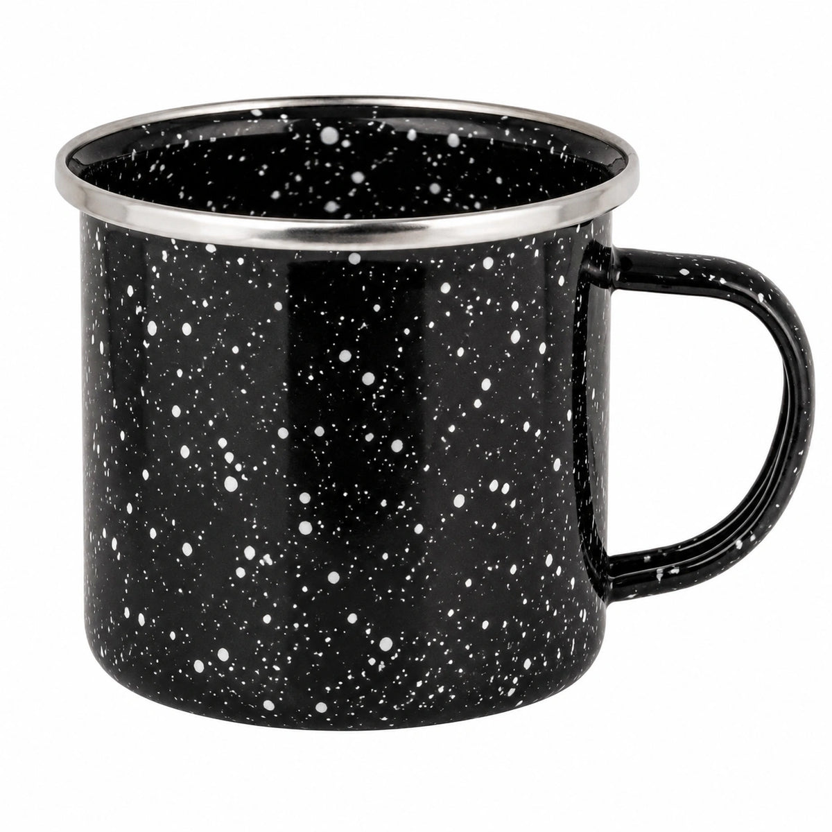 Emaille-Becher 350 ml aus Stahl Schwarz Weiß für Heißgetränke mit Sprenkelmuster