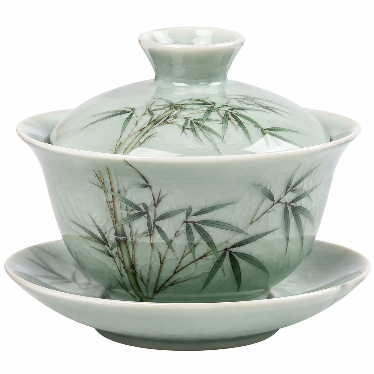 Gaiwan Teeschale 150 ml Porzellan Grün mit Bambusmotiv und Deckel