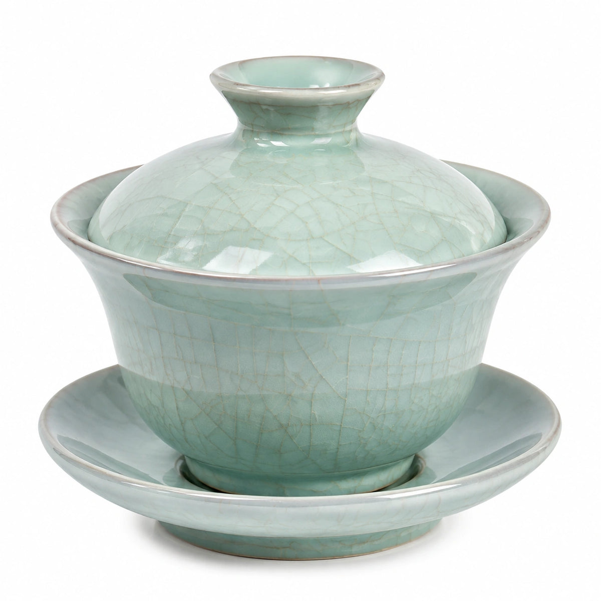 Gaiwan Teetasse 120 ml aus Porzellan in Celadongrün mit Deckel und Untertasse