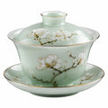 Porzellan Gaiwan 150 ml Hellgrün mit Blütendekor und Goldrand für Teezeremonie
