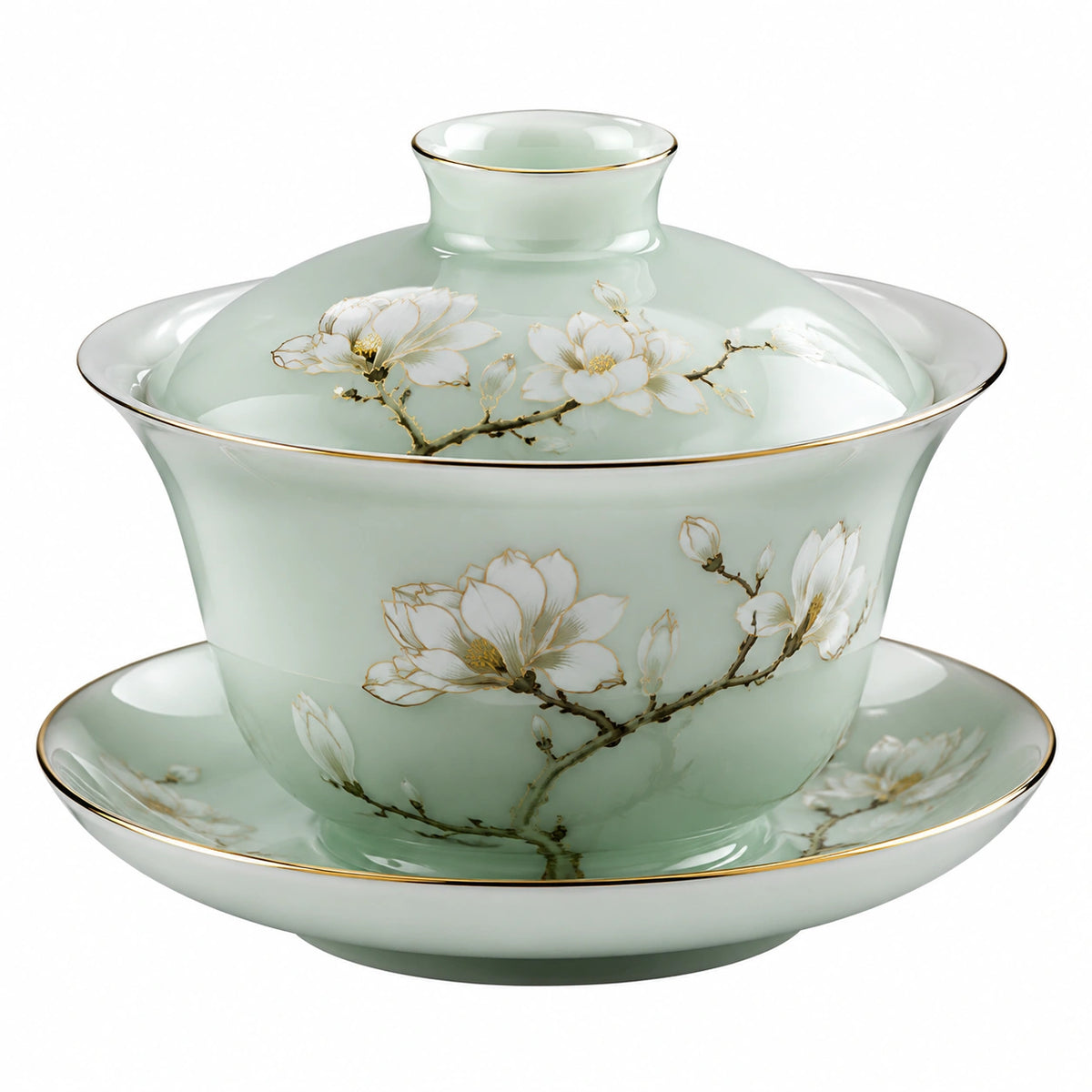 Porzellan Gaiwan 150 ml Hellgrün mit Blütendekor und Goldrand für Teezeremonie