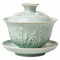 Gaiwan Teeschale 180 ml Keramik Hellgrün mit Deckel und Bambusrelief