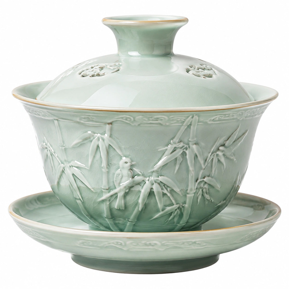 Gaiwan Teeschale 180 ml Keramik Hellgrün mit Deckel und Bambusrelief