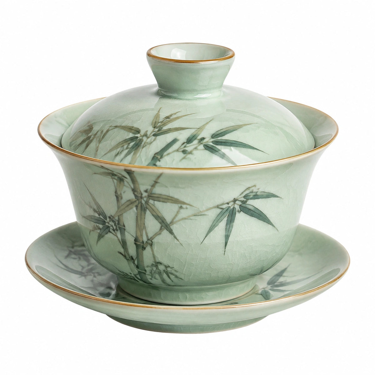 Gaiwan Teeschale 150 ml Keramik Hellgrün mit Bambusmotiv und Deckel