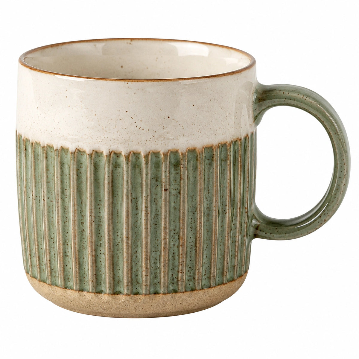 Keramiktasse 400 ml Cremegrün mit Rillenstruktur und Henkel