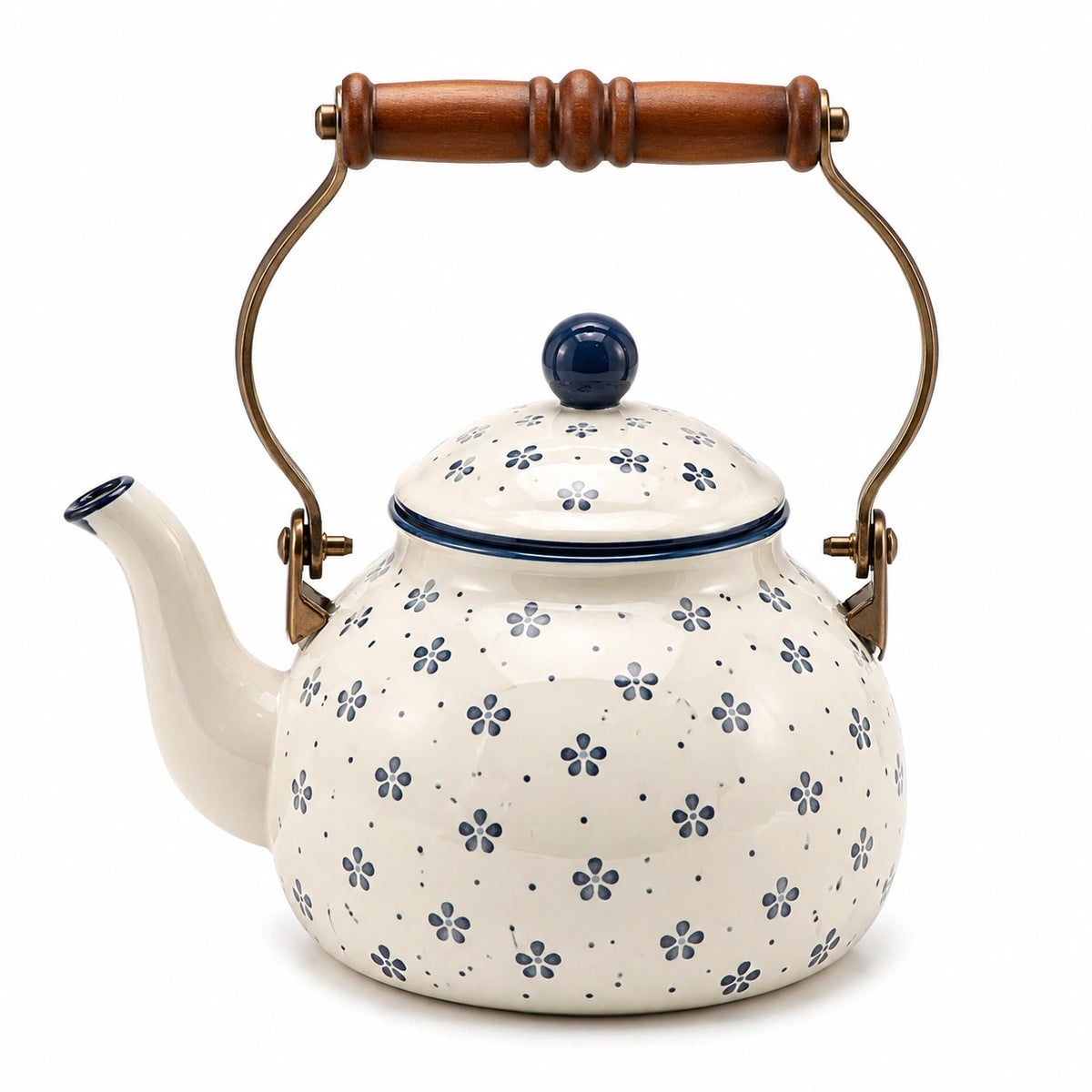 Teekanne 1.5 L aus Keramik in Cremeblau mit Blumenmuster und Holzgriff