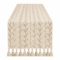 Tischläufer 180 x 33 cm Creme Beige gewebter Stoff mit Blattmuster und Quasten