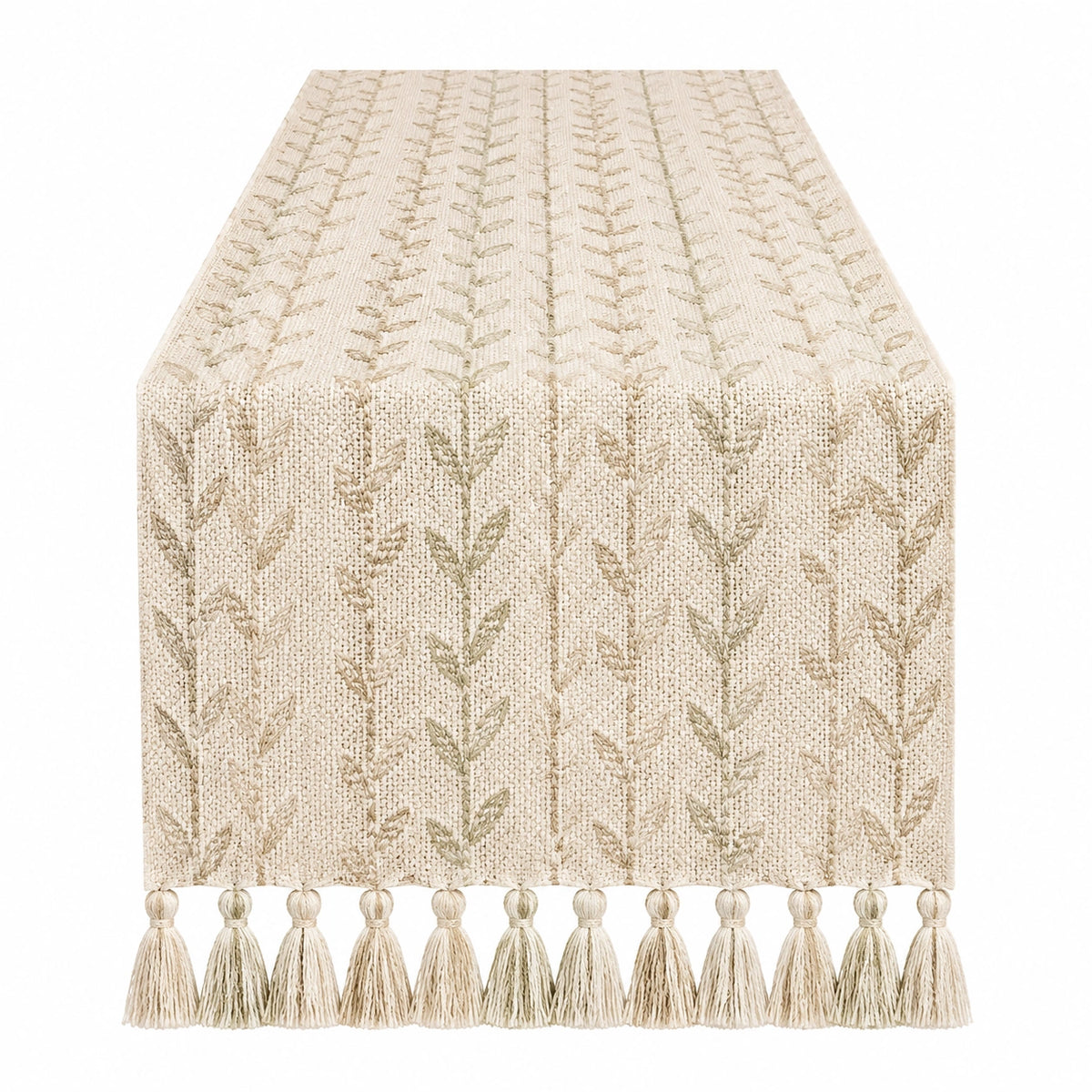 Tischläufer 180 x 33 cm Creme Beige gewebter Stoff mit Blattmuster und Quasten