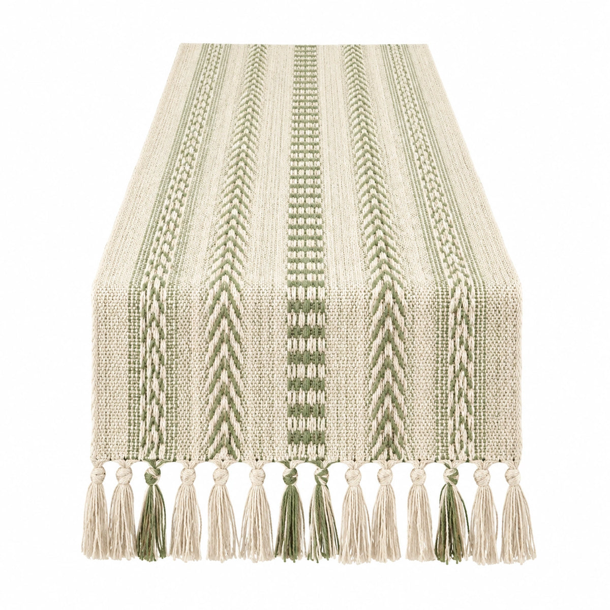 Tischläufer 180 x 35 cm aus gewebtem Textil in Beige/Grün mit Fransen im Boho-Stil