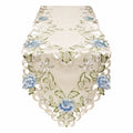 Tischläufer 180 x 40 cm aus Polyester in Creme Blau Grün mit Blumenstickerei und Spitzenrand