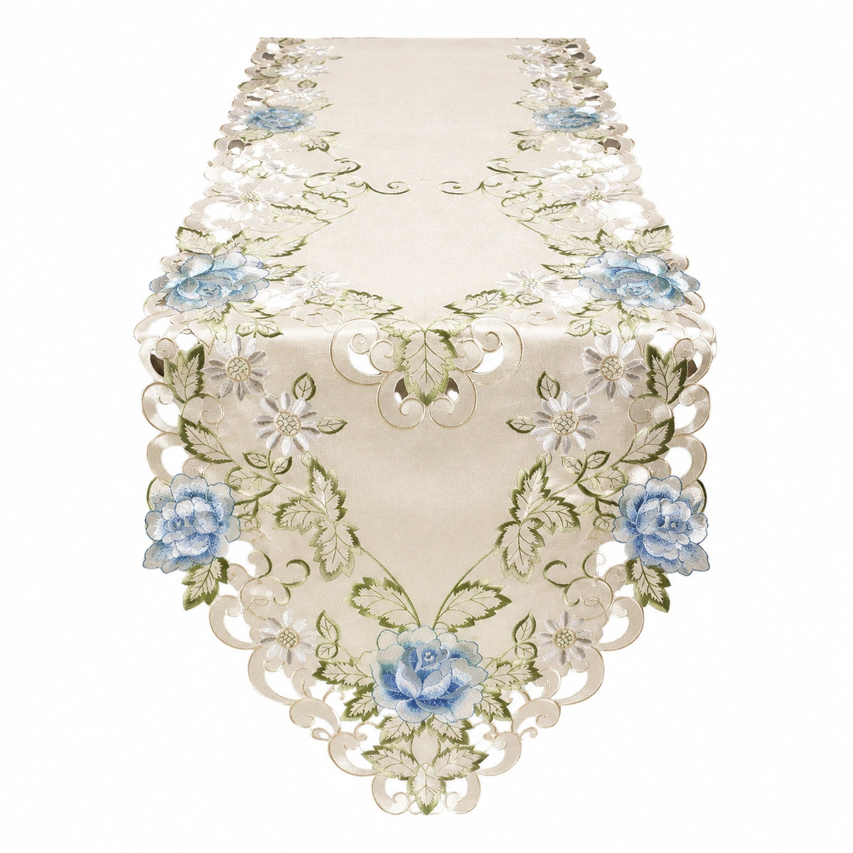 Tischläufer 180 x 40 cm aus Polyester in Creme Blau Grün mit Blumenstickerei und Spitzenrand